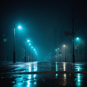streetlights glow faint