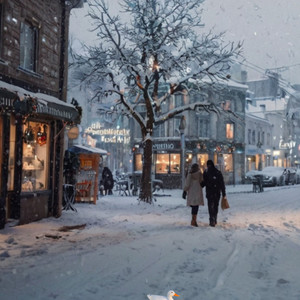 "Snowy Town, Silhouettes of Two