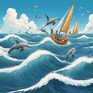 Sailing over waves where dolphins play