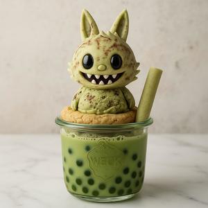 Labubu Matcha Dubai Chocolate Moonbeam Ice Cream Crumbl Cookie with Matcha Boba in a Weck Jar