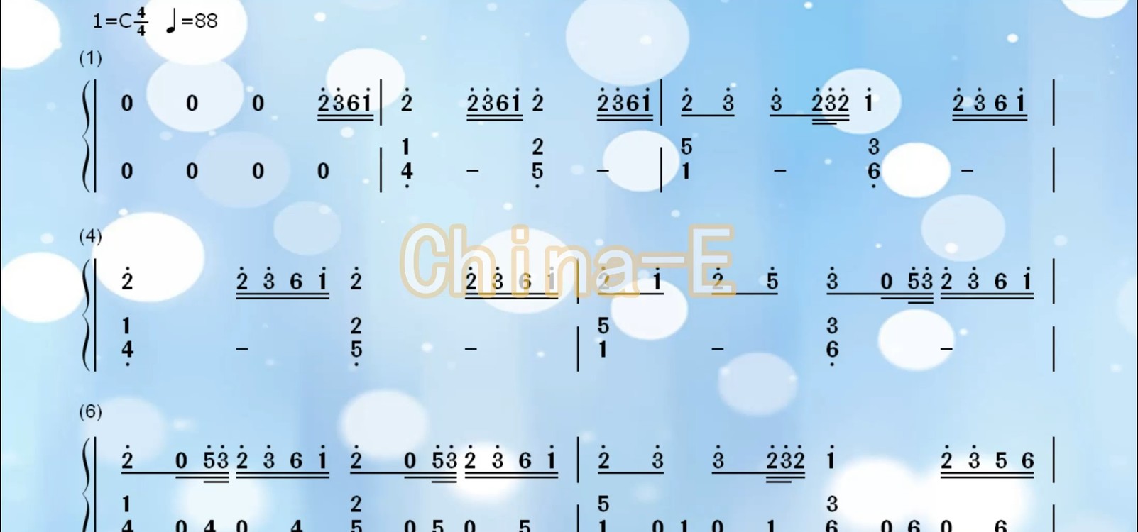  - 钢琴双手动态简谱曲谱《China-E》