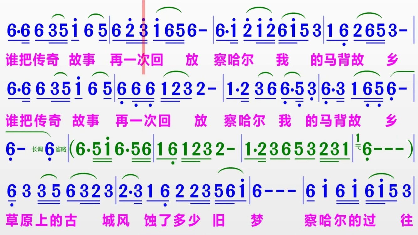 呼斯楞演唱《我的马背故乡》的完整版彩色动态简谱